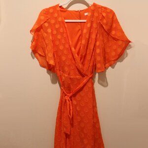London Times orange polka dot surplice dress